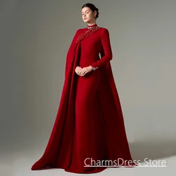 Saudi Arabic Evening Dress with Cape Customized High Neck Long Sleeves Beading Stones Floor Length Mermaid Prom Gown Pageant