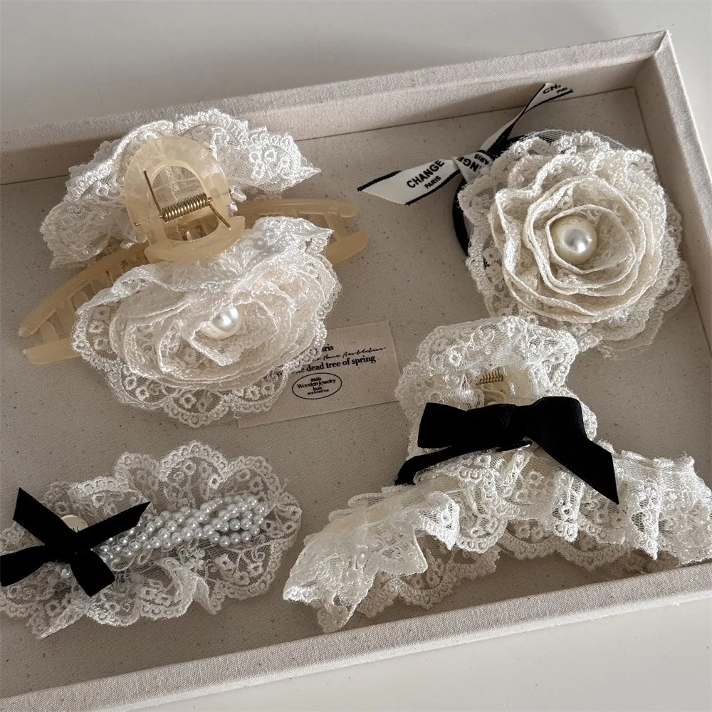 

Retro Cloth Lace Flower Hair Clip Pearl Camellia Korean Flower Hairpins Barrette Hair Accessories Flower Hair Claw Girls