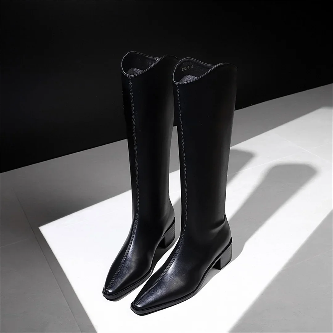 Winter Black Knee-High Boot Shoes For Woman Point Toe Square Heel Long Boots Women's Waterproof Faux Leather Back Zip Thigh Boot