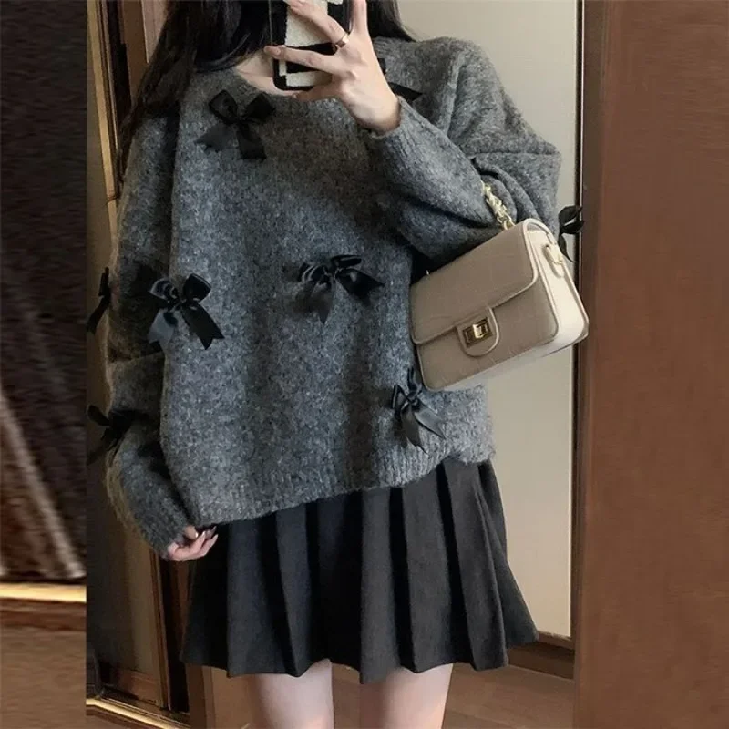 Ezgaga Knitted Sweater Women Bow O Neck Long Sleeve Loose Autumn Winter Outwear Sweet Vintage Pullover Female Casual Jumper