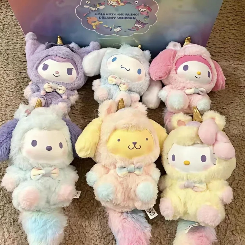 

В наличии: Серия Sanrio Dream Unicorn, плюшевые куклы в слепых коробках, подарок для девочек, Куроми, Синаморолл, Май Мелоди, милые подвески для сумок.