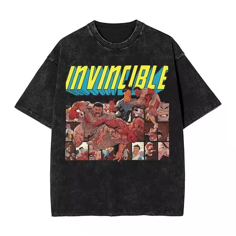 2026 Rare Invincible Animation Mark Washed Vintage T-Shirt Loose Fit Men's and Women's Trendy Printed Couple Short Sleeve Shirt