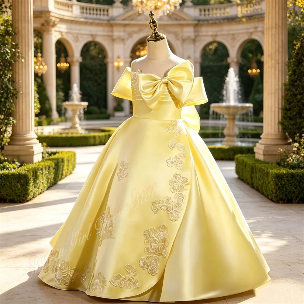Luxury Satin Off Shoulder Big Bow Flower Girl Dress Wedding 3D Floral Lace Appliques Ball Gown Kids Party First Communion