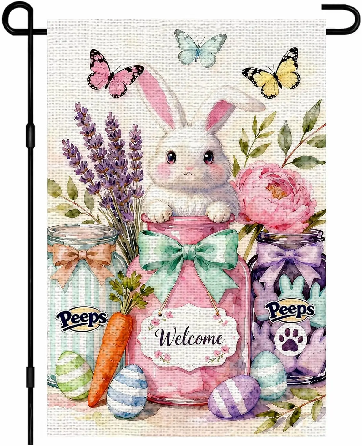 IVN Easter Bunny Garden Flag 12x18 Linen Welcome Bunny Mason Jars Peeps Carrot Easter Eggs Lavender Rose Butterflies Waterco GGO
