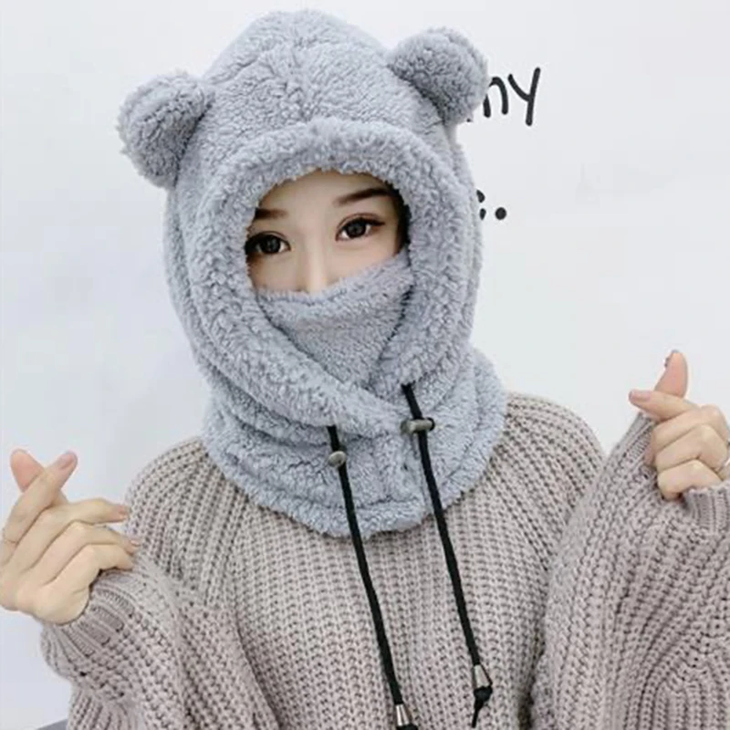 Plush Bear Balaclava With Ears Mask Hat With Earflaps Cute Children\'s Thicken Warm Winter Hats For Women Girl Bonnet Female Hood