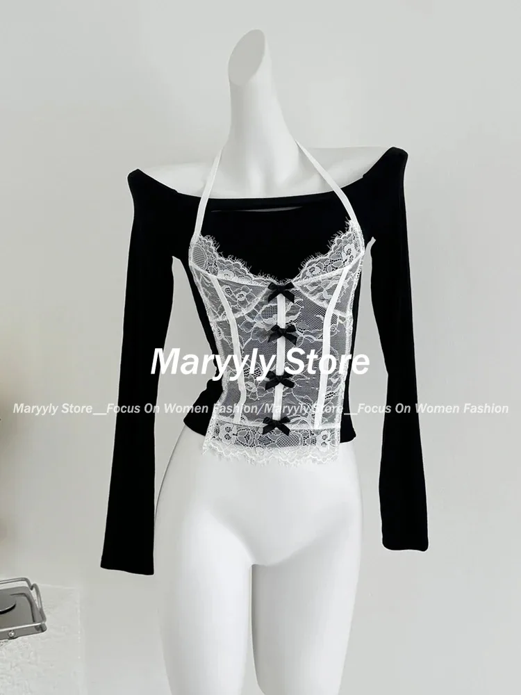 Autumn Winte New Fake Two Pieces Lace T-Shirts Women Casual Long Sleeve Tees Female 2000s Coquette Korean Fashion Y2k Crop Tops