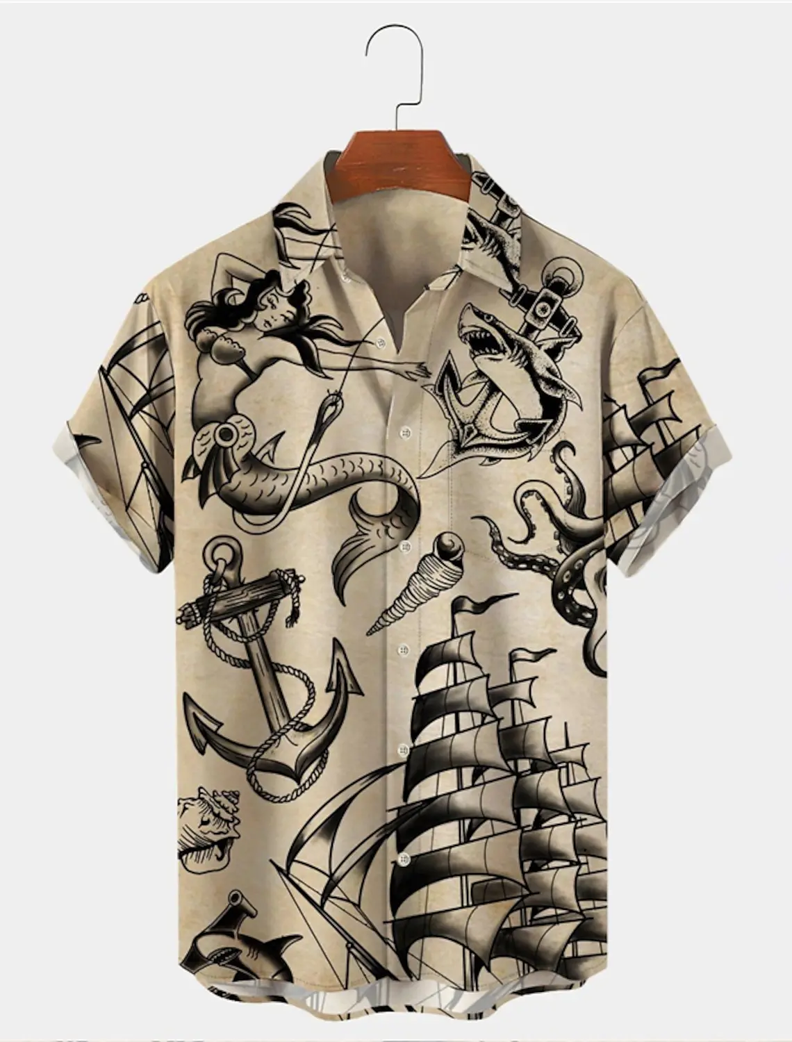 Camisa de manga corta con estampado gráfico de tiburón sirena para hombre, ropa de moda con botones, ancla, ropa de calle al aire libre