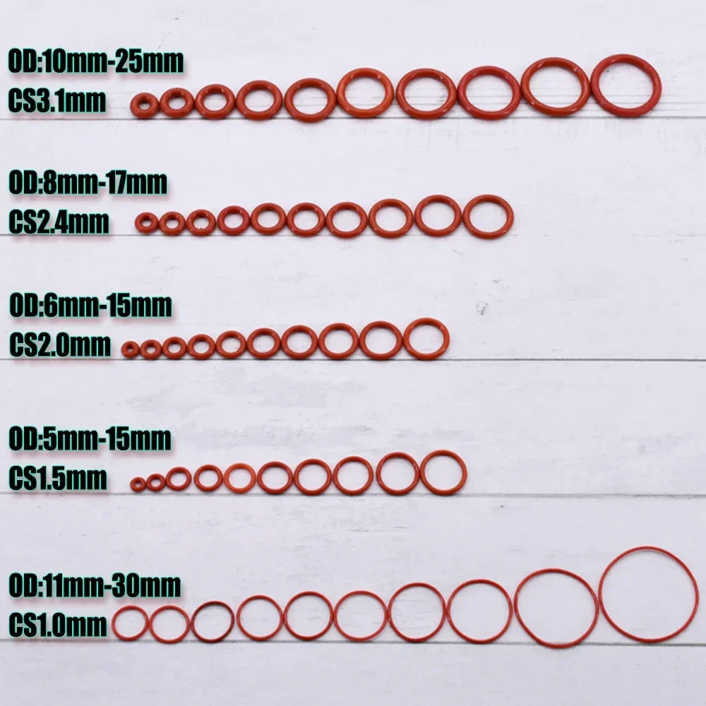 Silicone O Ring Vedação Washer, Juntas De Encanamento, Resistente A Óleo, Kit Oring De Alta Temperatura, VMQ Vermelho O-ring, CS 1, 1.5, 2.2, 2.8