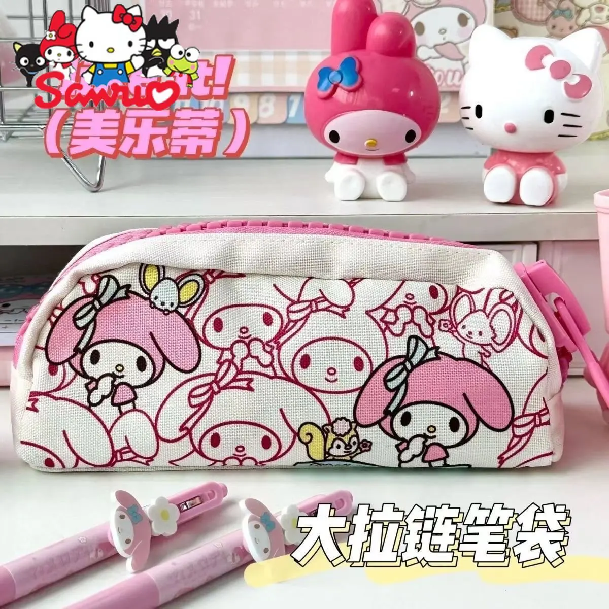 Sanrio Melody Kuromi Hello Kitty Cinnamoroll Pochacco Pen Bag Cartoon Big Zipper Male Students Pencil Stationery Box Storage Bag