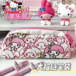 Sanrio Melody Kuromi Hello Kitty Cinnamoroll Pochacco Pen Bag Cartoon Big Zipper Male Students Pencil Stationery Box Storage Bag