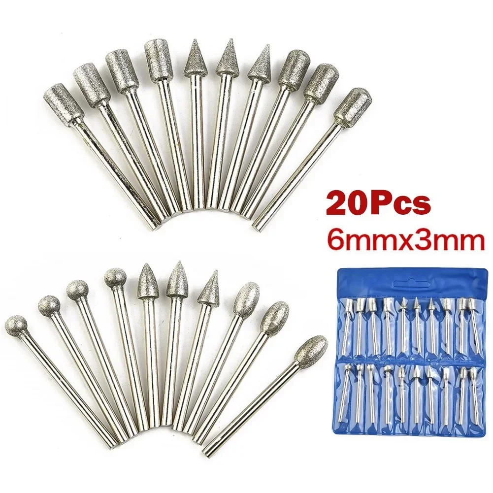 

20pcs Diamond Grinding Heads Mini Bit For Rotary Drill Tool Burrs Grinding Accessories 3mm Shank Tools Kit Abrasive Tool