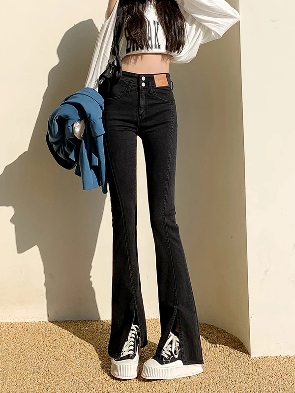 

Утягивающие джинсы с высокой талией и разрезом, женские тонкие летние новые расклешенные брюки из хлопковой эластичной ткани, женская мода