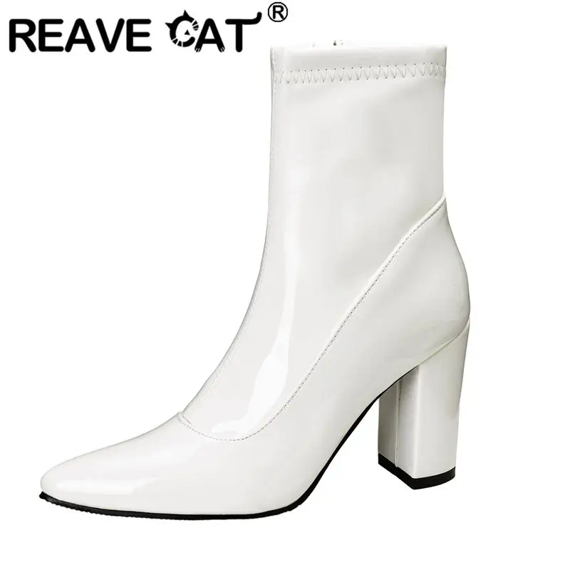 REAVE CAT 2025 لامعة النساء حذاء من الجلد أشار تو كعب سميك 8.5 سنتيمتر سستة أحجام كبيرة 43 42 44 45 46 الكلاسيكية يؤرخ الجوارب