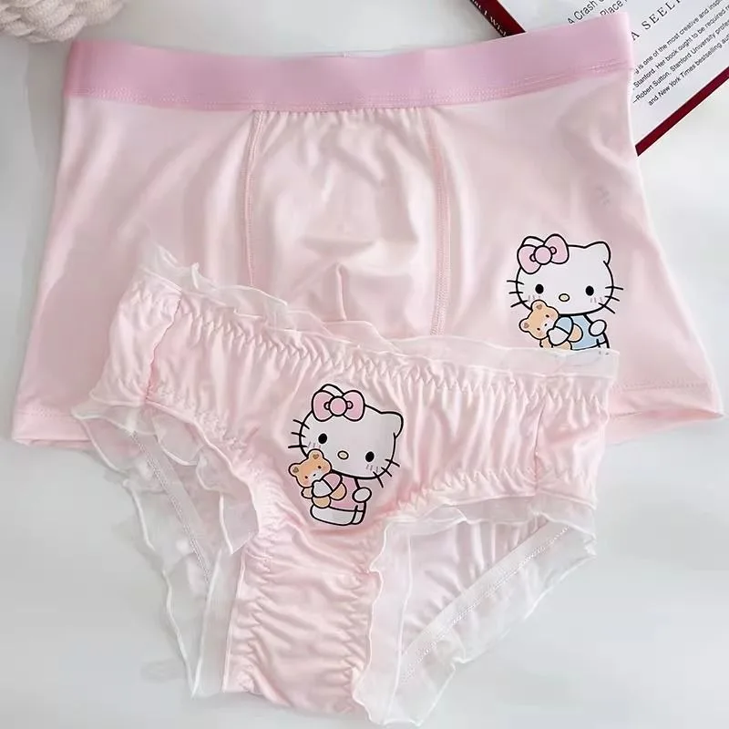 Calcinha rosa Hello Kitty casal, Virilha de algodão, desenhos animados fofos, roupa íntima doce das senhoras, boxers masculinos sedosos, respiráveis, confortáveis, novos