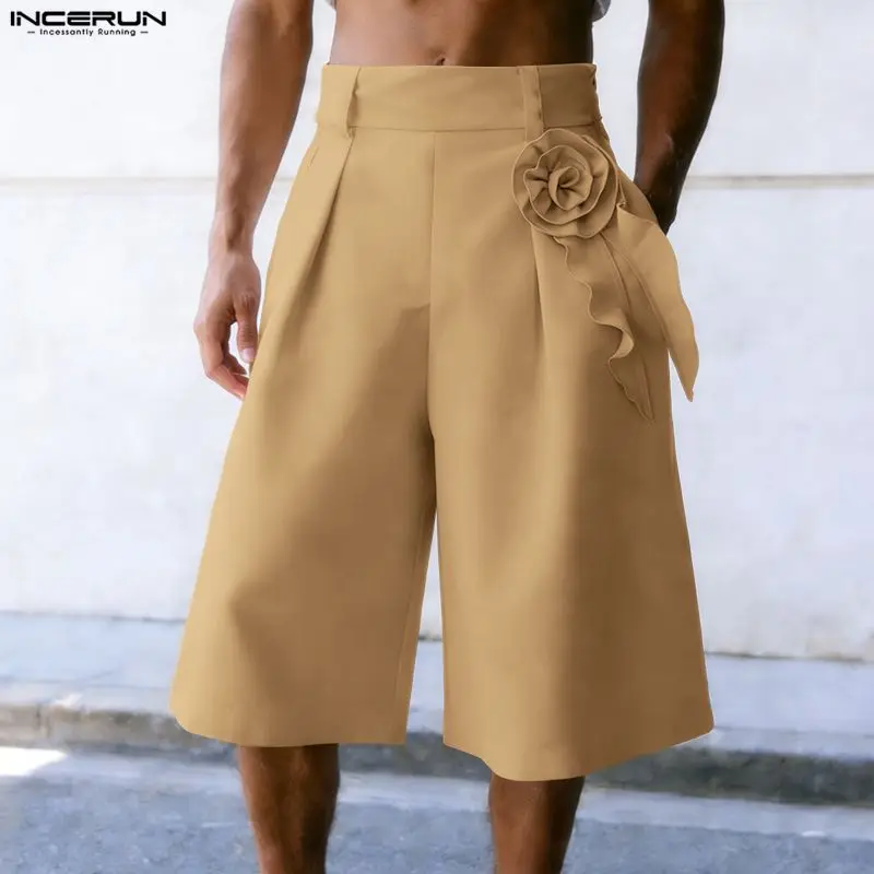 

Мужские шорты INCERUN с цветочным декором, однотонные, с высокой талией, уличная мода, свободные, 2026, повседневные, широкие шорты для мужчин