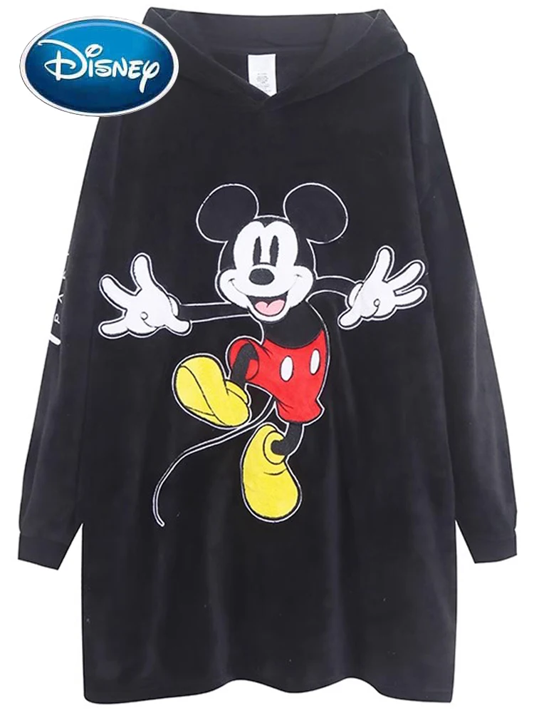 Disneyland Letter Mickey Mouse Print Embroidery Sweatshirt Women Hooded Pullover Velvet Warm Long Oversize Tee Top Jumper Unisex