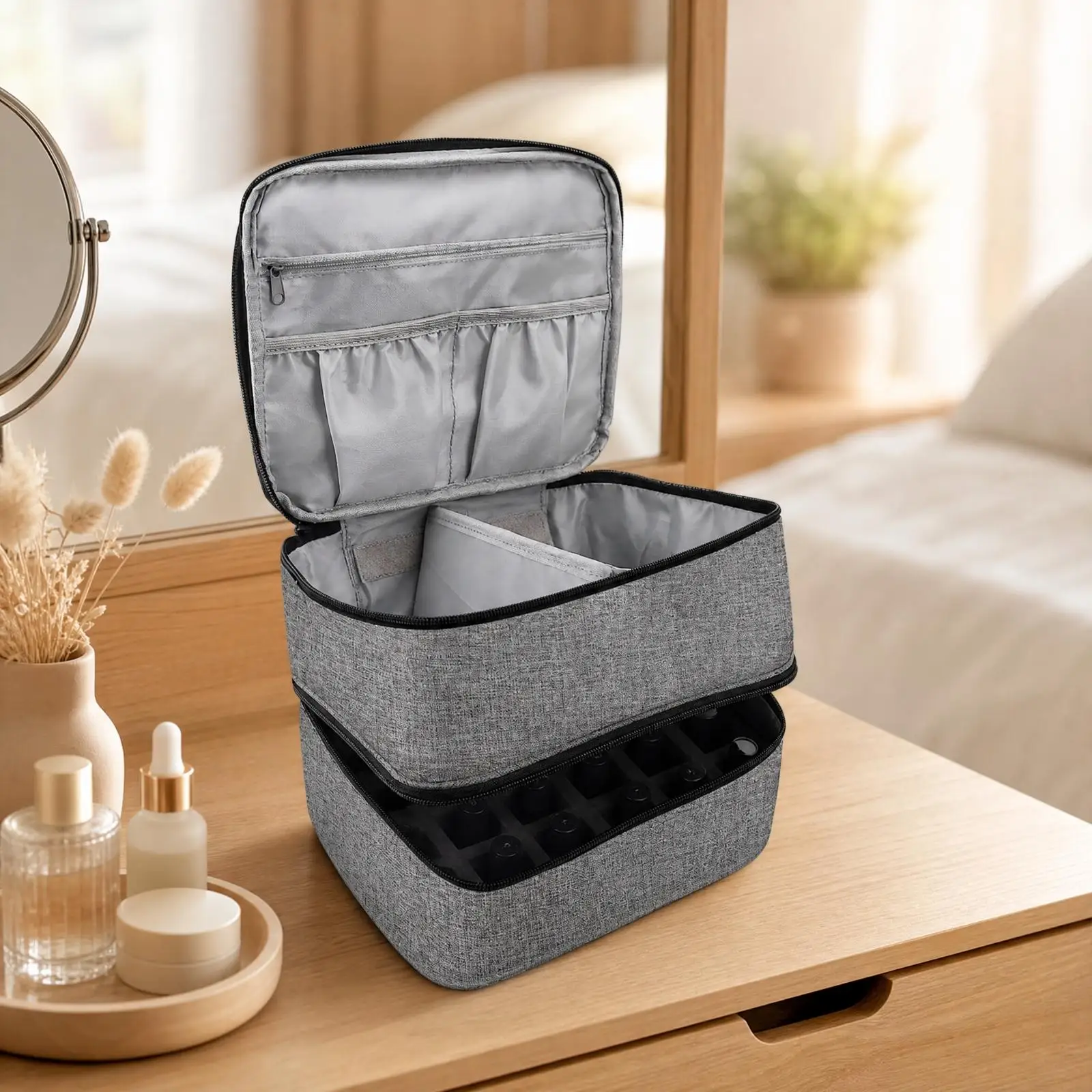 Two-Compartment Cosmetic and Nail Polish Storage Bag Travel-Friendly Structured Nail Polish Organizer with Bottle Grid Insert