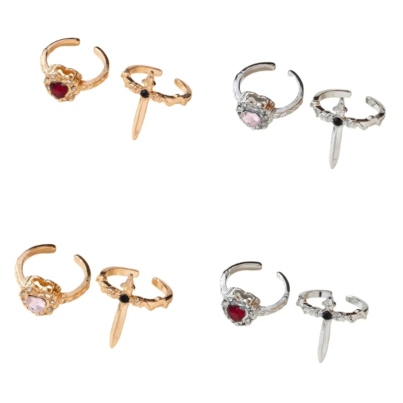 

CORD 2Pcs Valentines Rings Gothic Crosses Heart Alloy Couple Bands Adjustable Size