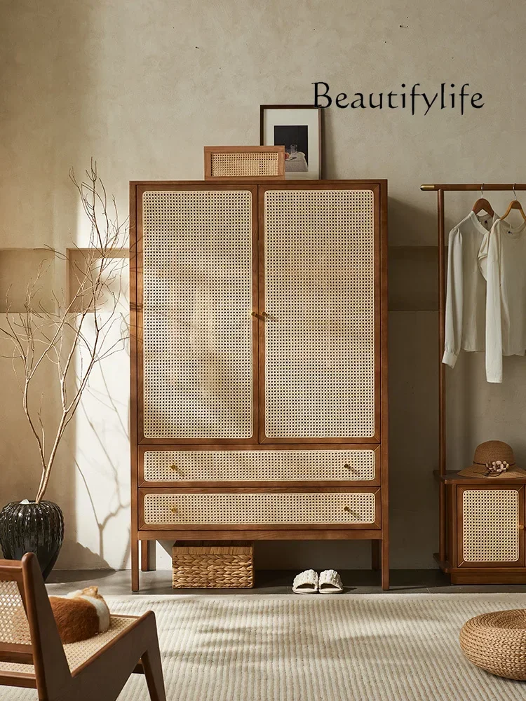 

Nordic Solid Wood Rattan Storage Cabinet Simple Modern Retro Bedroom Double Door Clothing Cabinet