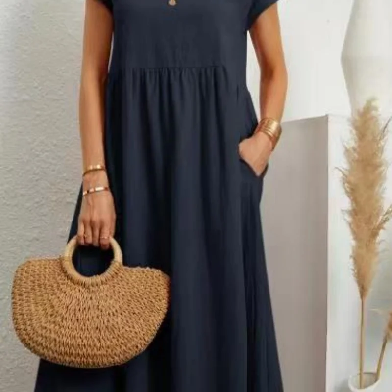 2025 novas mulheres vintage vestido sólido elegante o pescoço manga curta vestidos de linho algodão feminino casual solto vestido longo