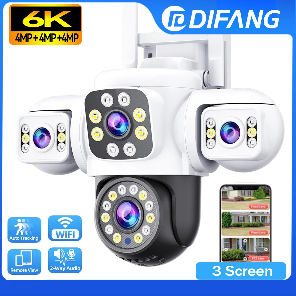 Outdoor WiFi Surveillance Camera 6K 12MP Triple Screen Three Lens CCTV Camera Auto Tracking Security Camera PTZ Yoosee