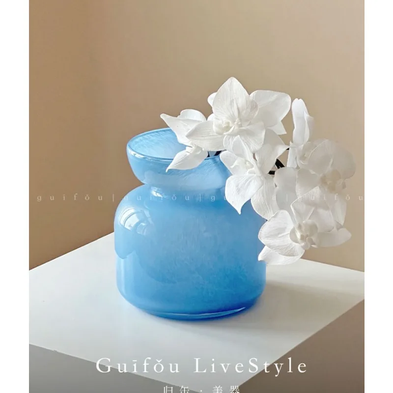 French Nordic Sunny Blue Glazed Glass Vase Artistic Flower Ware Soft Ornament Nordic Style Home Decorative Glass Vase