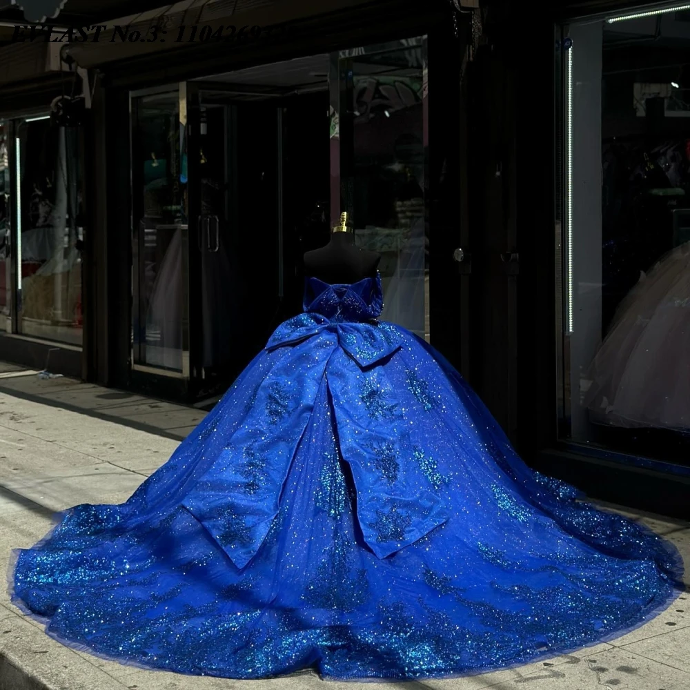 EVLAST Customized Mexico Royal Blue Quinceanera Dress Ball Gown Sequins Applique Beading Bow Sweet 16 Vestidos De 15 Anos E3Q152