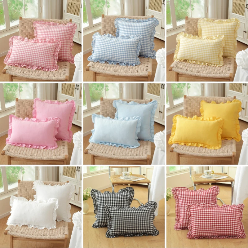 Soft Cotton Throw Pillow Cover Lotus Leaf Skirt Edge Solid Color Ruffled Edge Pillowcase Comfortable Plaid Print Cushion Cover