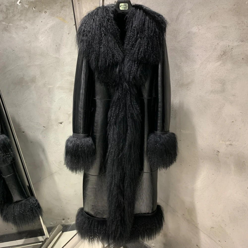 Women Shearling Coat Autumn Genuine Sheepskin Coat Long with Mongfolian Fur Trim and Collar Thick Shearling