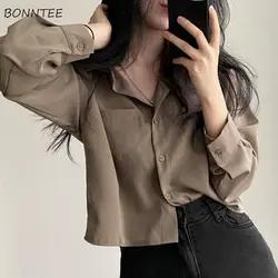 Camisas de estilo coreano para mujer, Top corto de botonadura única, moda Vintage, cuello vuelto, diseño que combina con todo, Harajuku, ocio