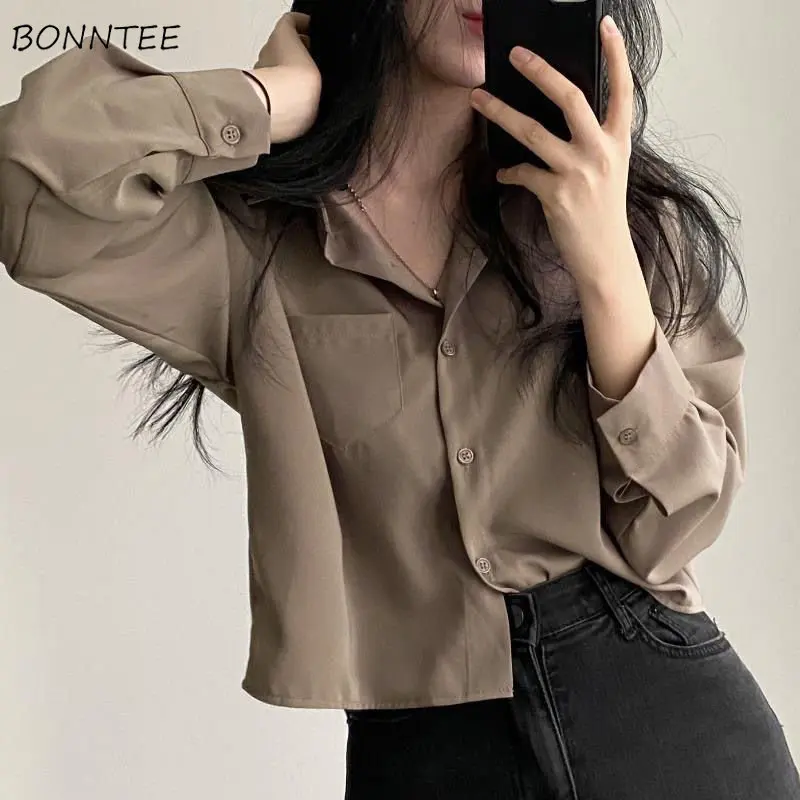 Koszule damskie w stylu koreańskim w stylu Vintage moda w dół kołnierz w całości dopasowany projekt pojedyncze piersi krótki Top BF panie Harajuku wypoczynek