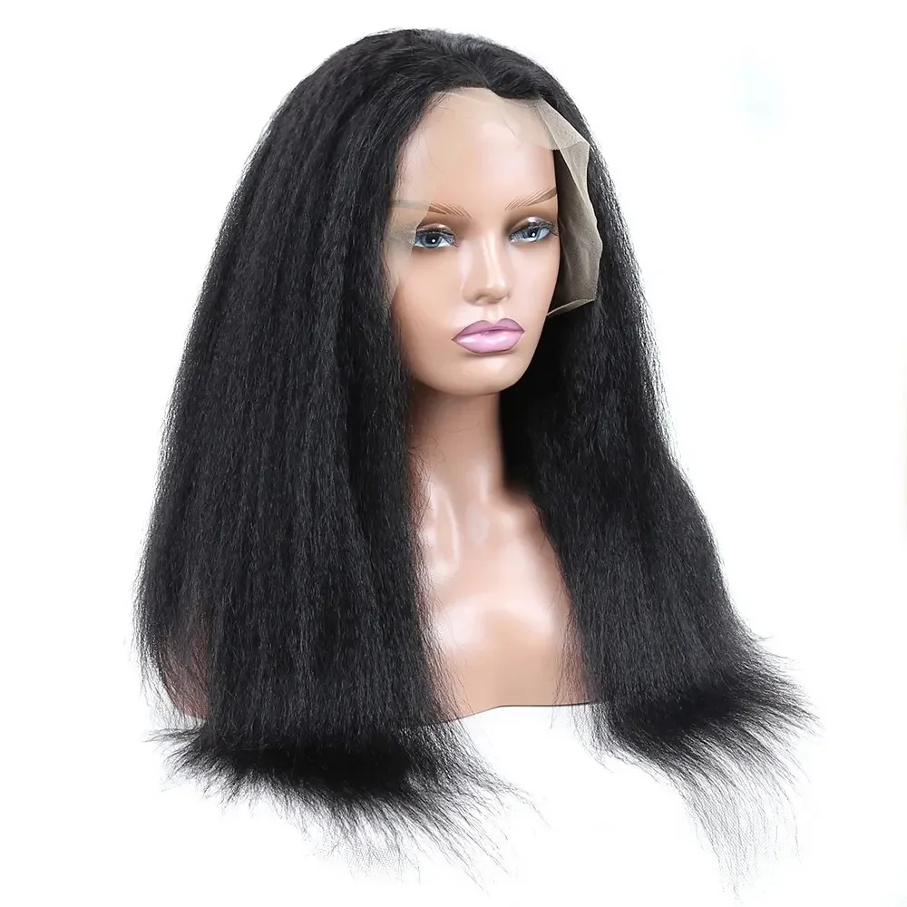 Peluca frontal de encaje liso Yaki para mujer, pelo de bebé sin pegamento, suave, 180de densidad, 26 "de largo, negro, predesplumado, resistente al calor