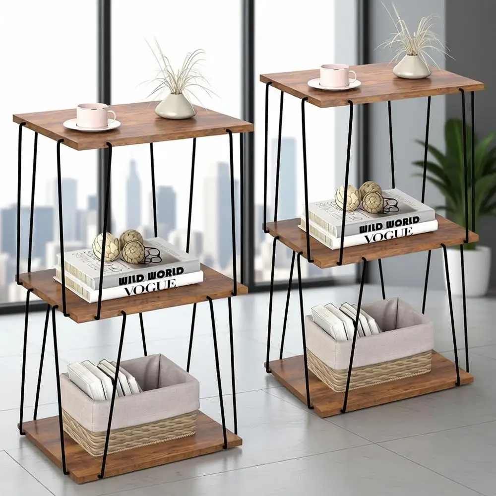 

Side Table Set of 2, Tall End Table, Small Accent Table, Bedside Table for Living Room, Bedroom, Rustic Brown & Black