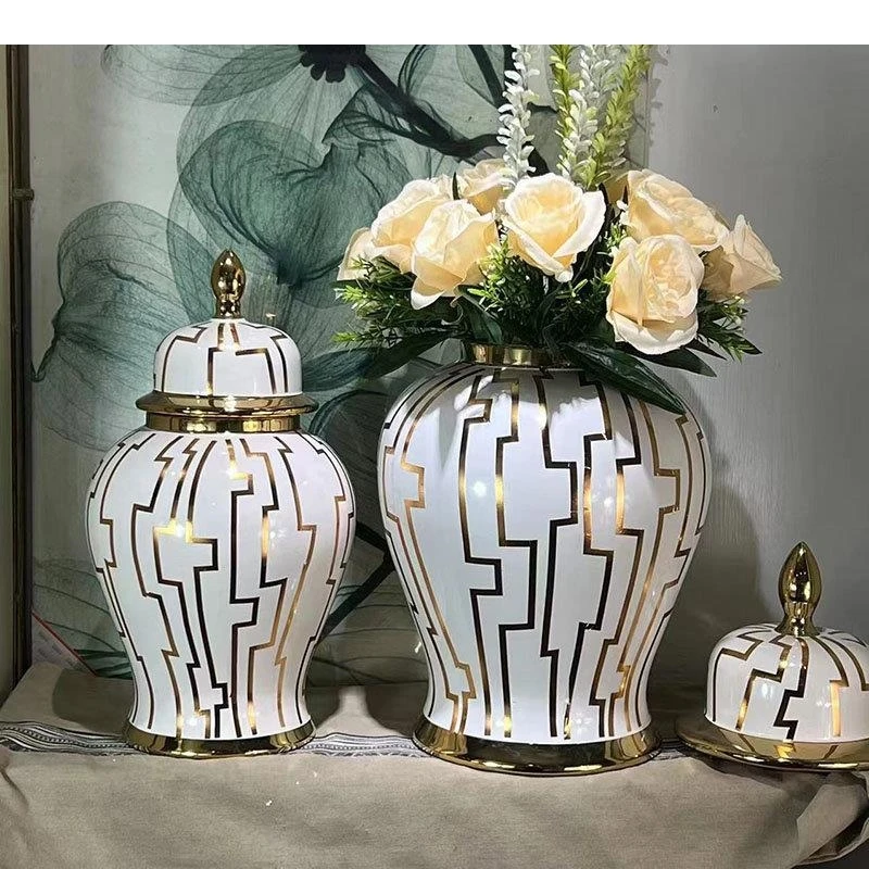 Golden Geometric Module Ceramic Storage Jar Flower Arrangement Desktop General Ginger Jars Porcelain Jewelry Container