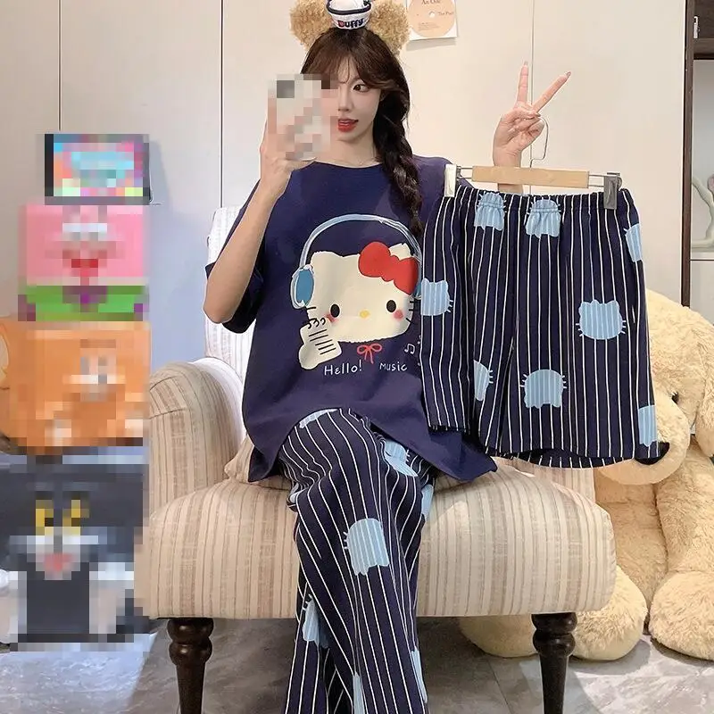 Women's Short-Sleeved Trousers Home Clothes Set Summer New Girls Shorts Round Neck T-Shirt Pajamas Women's Soft Three-Piece Set