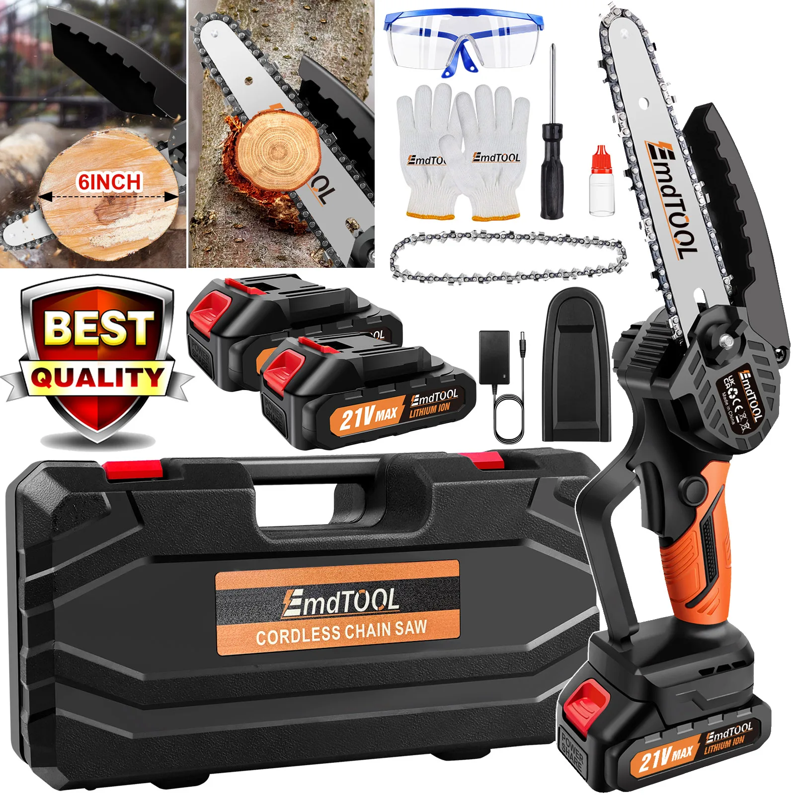 EMDTOOL 6 Inch Mini Cordless Chainsaw 21V Electric Hand Saw for Wood Cutting Tree Trimming Gardening with Rechargeable Battery