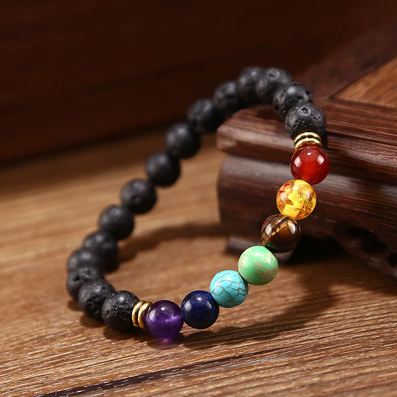 Seven Chakras Yoga Energy Bracelet For Men And Women Nature Volcano Stone Frosting Stretch Bracelet Jewelry Gift