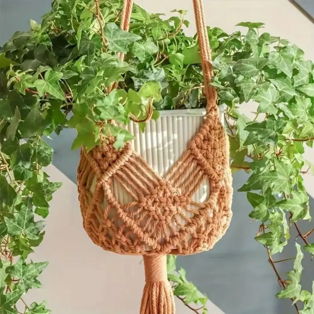 Boho Plant Hanger with Net Pouch Macrame Hanging Basket Cotton Rope Woven Flower Pot for Indoor Outdoor Hanging Succulents