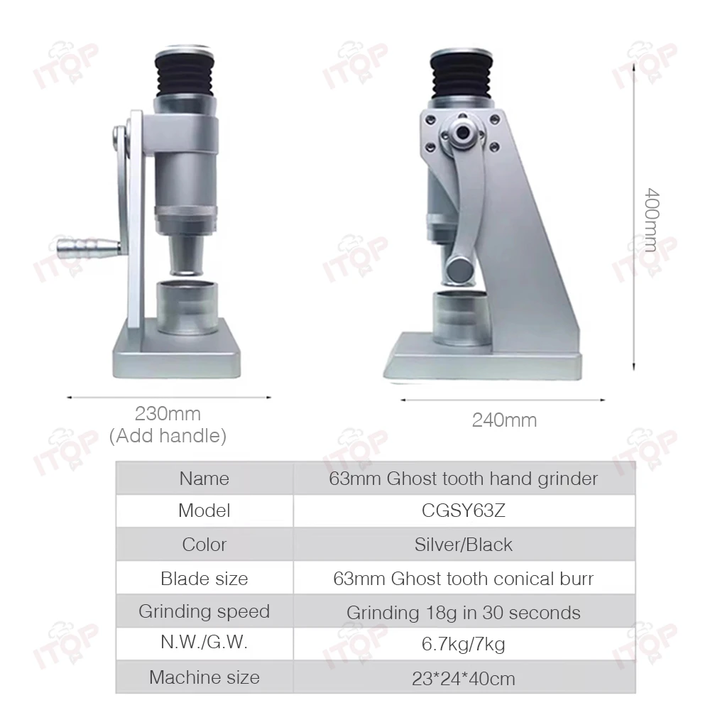 ITOP CGSY63Z Molinillo manual de dientes fantasma de 63 mm, molino de granos de café con revestimiento de titanio de acero inoxidable 420