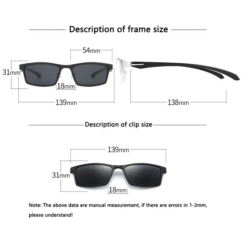 2347 TR Legs 6 IN 1 Three Color Frame Magnetic Sunglasses 5 Clips On Glasses Metallic Rectangle Optic Myopia Frame