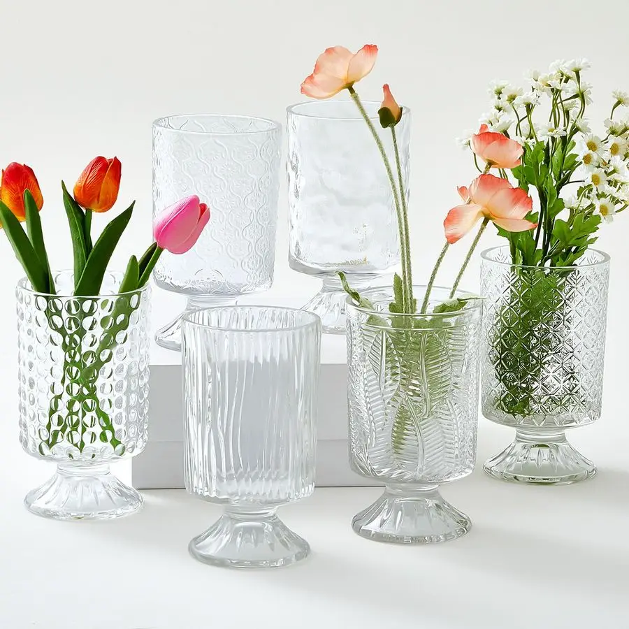 

Pcs H7 W4 Embossed Flower Vase Pedestal Glass Vase Big Base Thickened Crystal Vintage Vases for Valentines Day Wedd Customizable