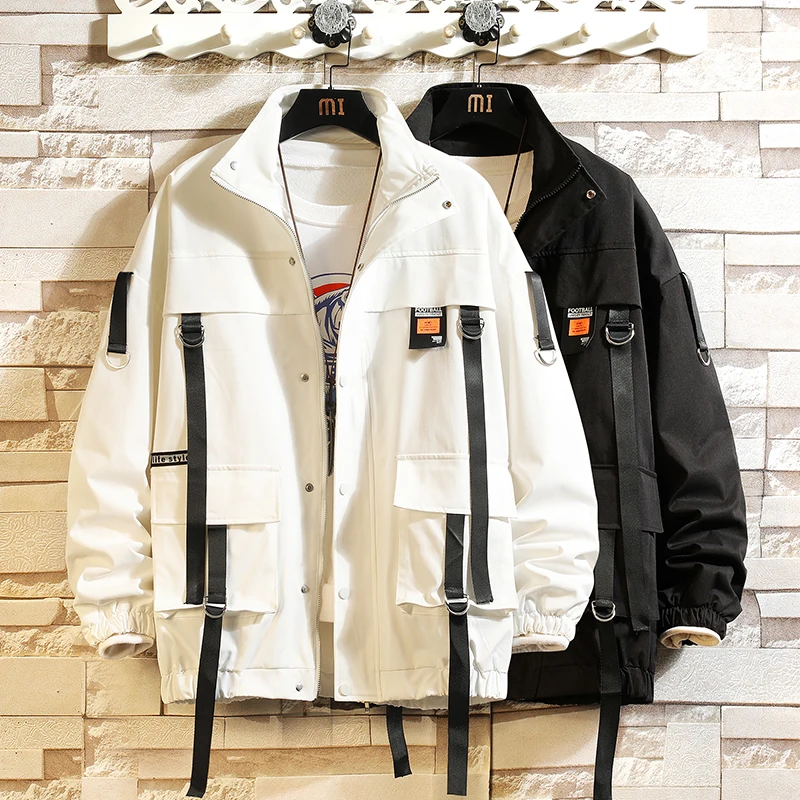 2024 Autumn Men\'s Jacket And Coats Hooded Harajuku Windbreaker Slim Fit Ribbons Outwear