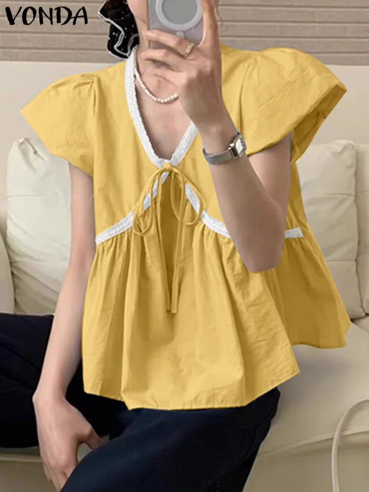 VONDA Elegant Blusas Women Lace Blouses Fashion V-Neck Bow Casual Shirts 2025 Summer Short Sleeve Loose Partchwork Tunic Tops