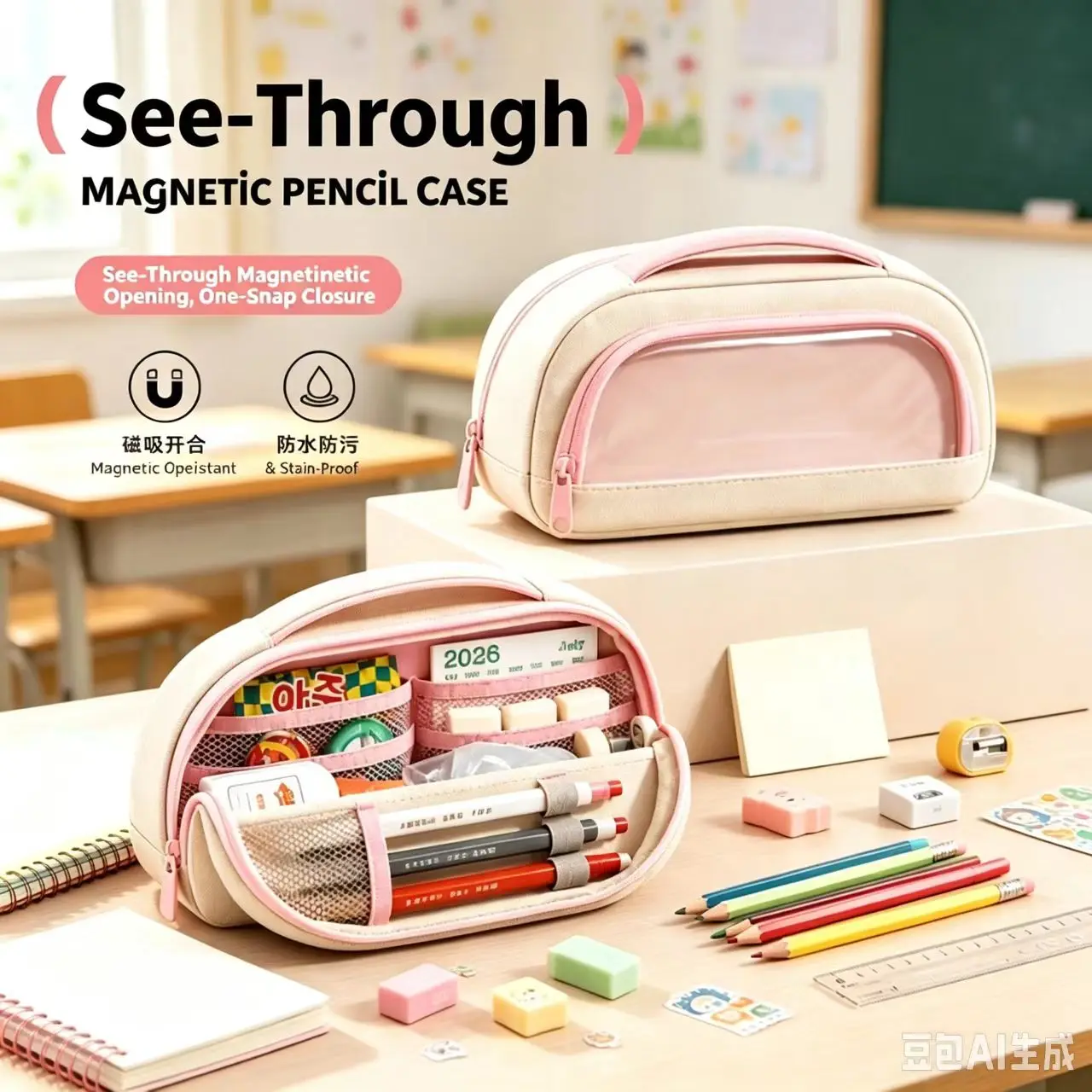New Magnetic Attraction Student Stationery Storage Bag Large Capacity Portable Multi-Compartment Visible Organizer