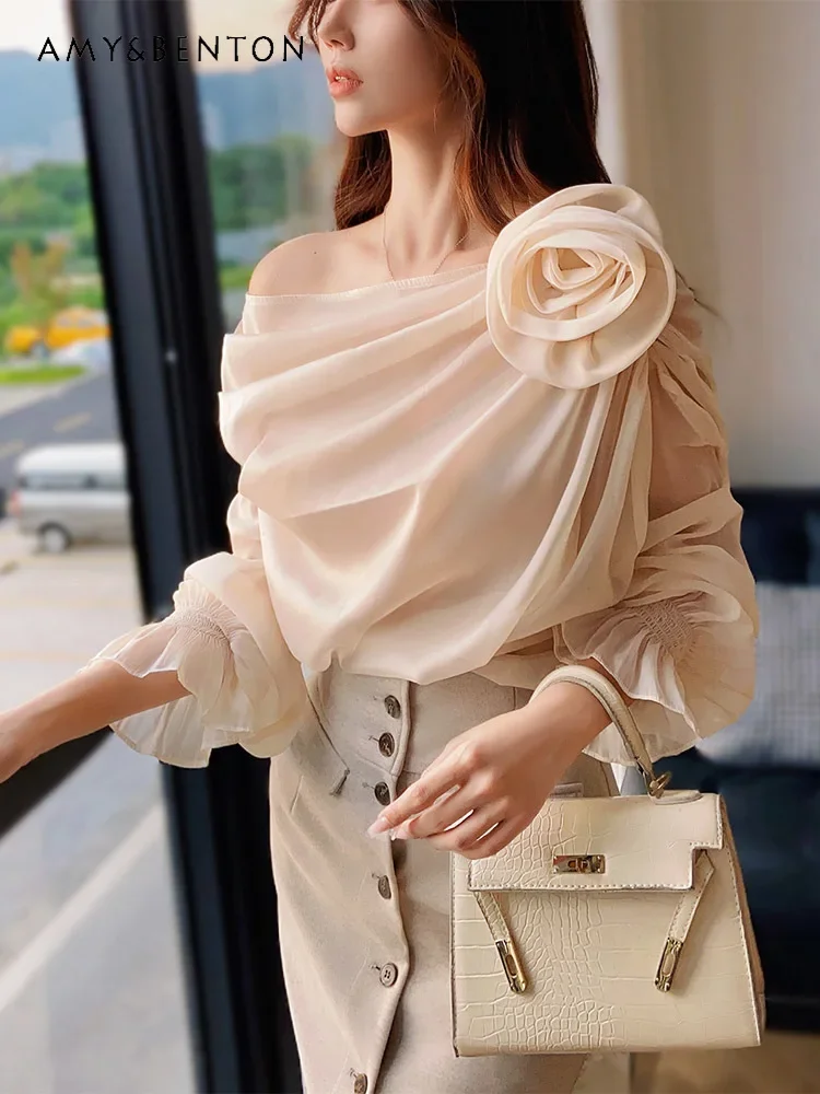 French Temperament Sweet Three-dimensional Flower Pleated Chiffon Shirt Women Autumn New High-end Loose Long-sleeved Blouses