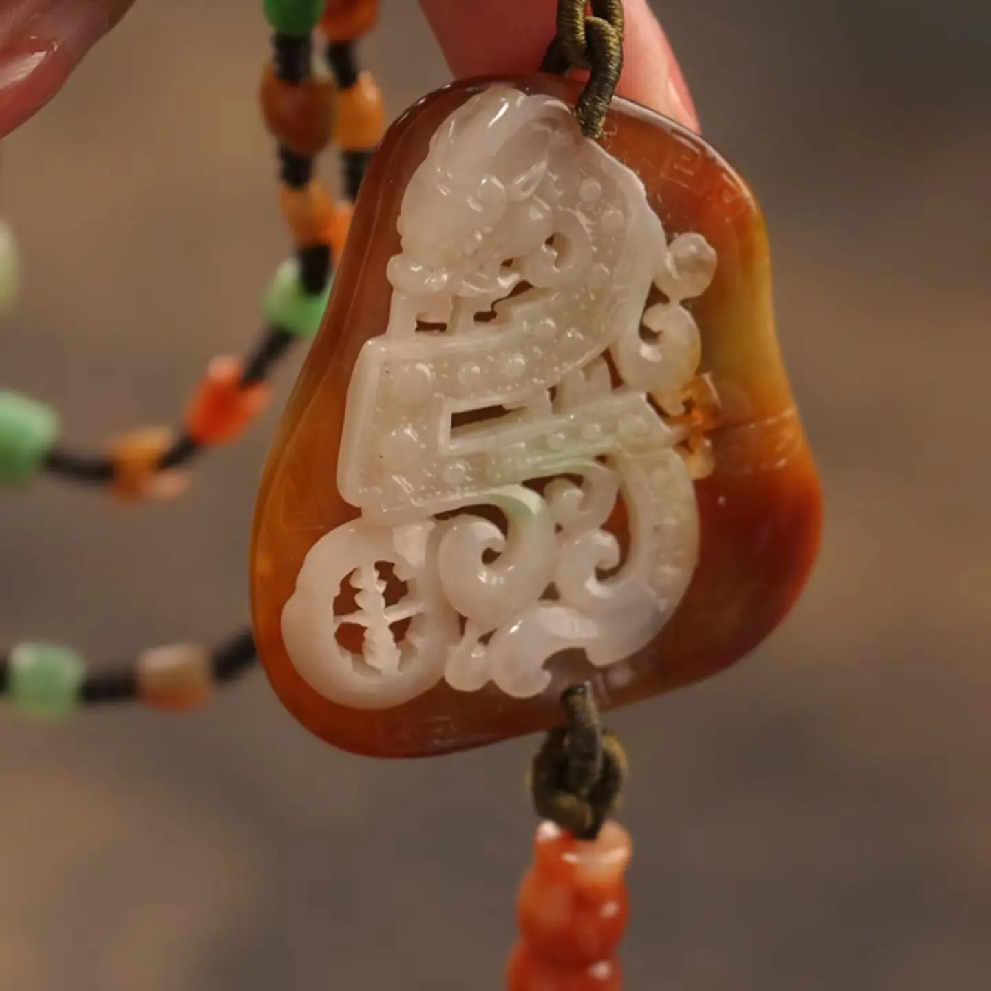 Natural Burmese Jade Double Color Hollow Carved Pendant with Dragon and Phoenix Motifs
