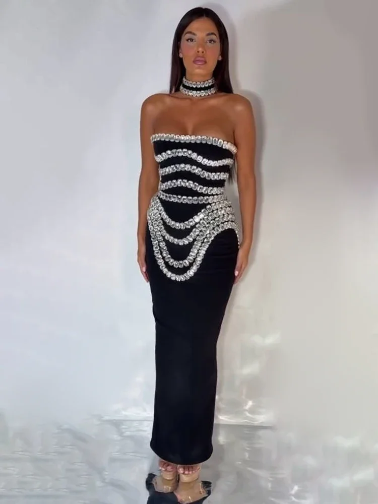

QIAOXIN 2025 Black Strapless Long Dress Diamonds Embellished Bodycon Bandage Prom Celebrity Party Evening Gowns Dropshipping