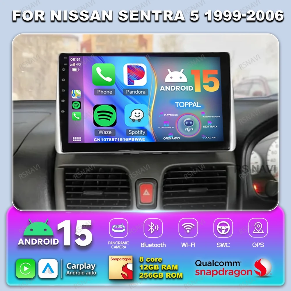 

Автомобильный радиоприемник Android 14 для Nissan Sentra 5 1999-2006 гг., авторадио, беспроводные системы Carplay RDS WIFI + 4G LTE, 8-ядерный QLED Qualcomm BT