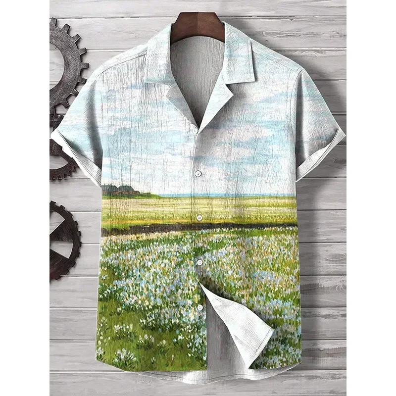 Herren Sunset Sea Waves Print Kurzarm Freizeithemd Harajuku Sommer Hipster Button Down Shirts Harajuku Strand Hawaiihemd