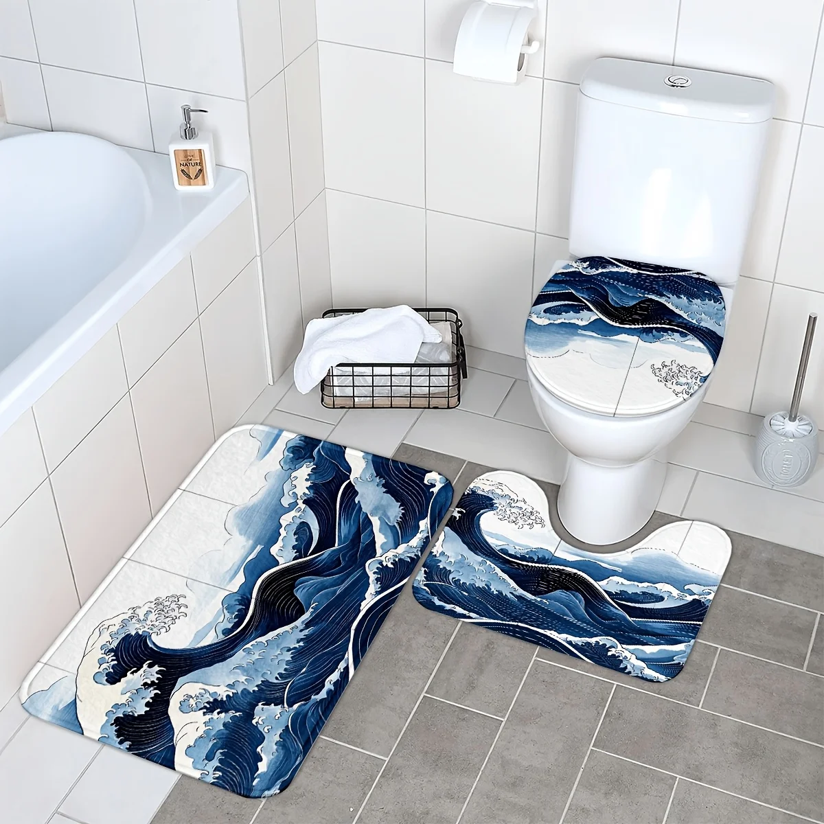 

3-piece bathroom mat set, non-slip machine washable polyester bathroom floor mat, toilet seat mat, U-shaped mat